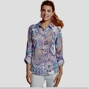 Chicos No Iron Long Sleeve Button Up Top Purple Paisley Cottagecore SZ 1 MED